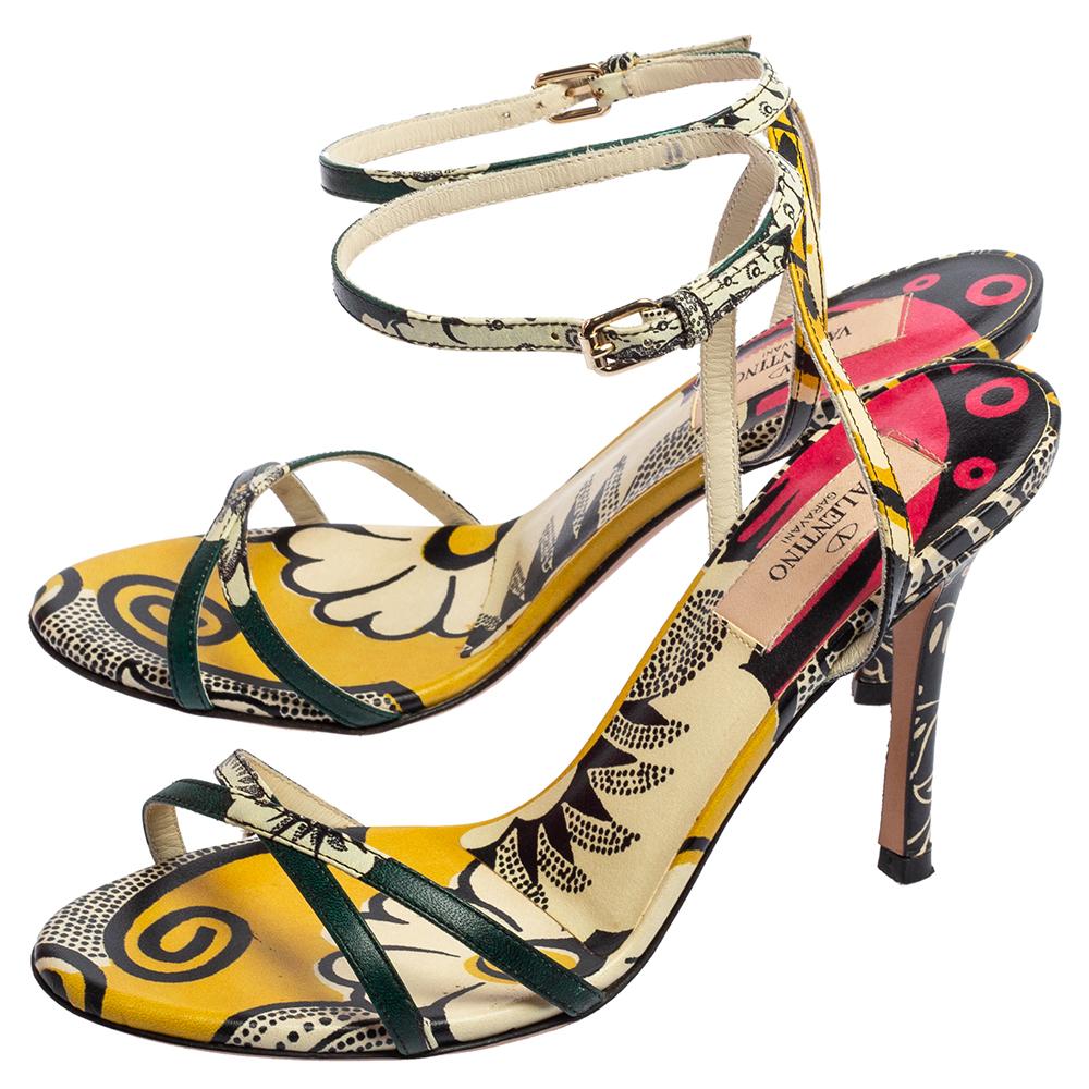 Women's Valentino Multicolor Printed Leather Criss-Cross Ankle-Strap Sandals Size 36.5 For Sale