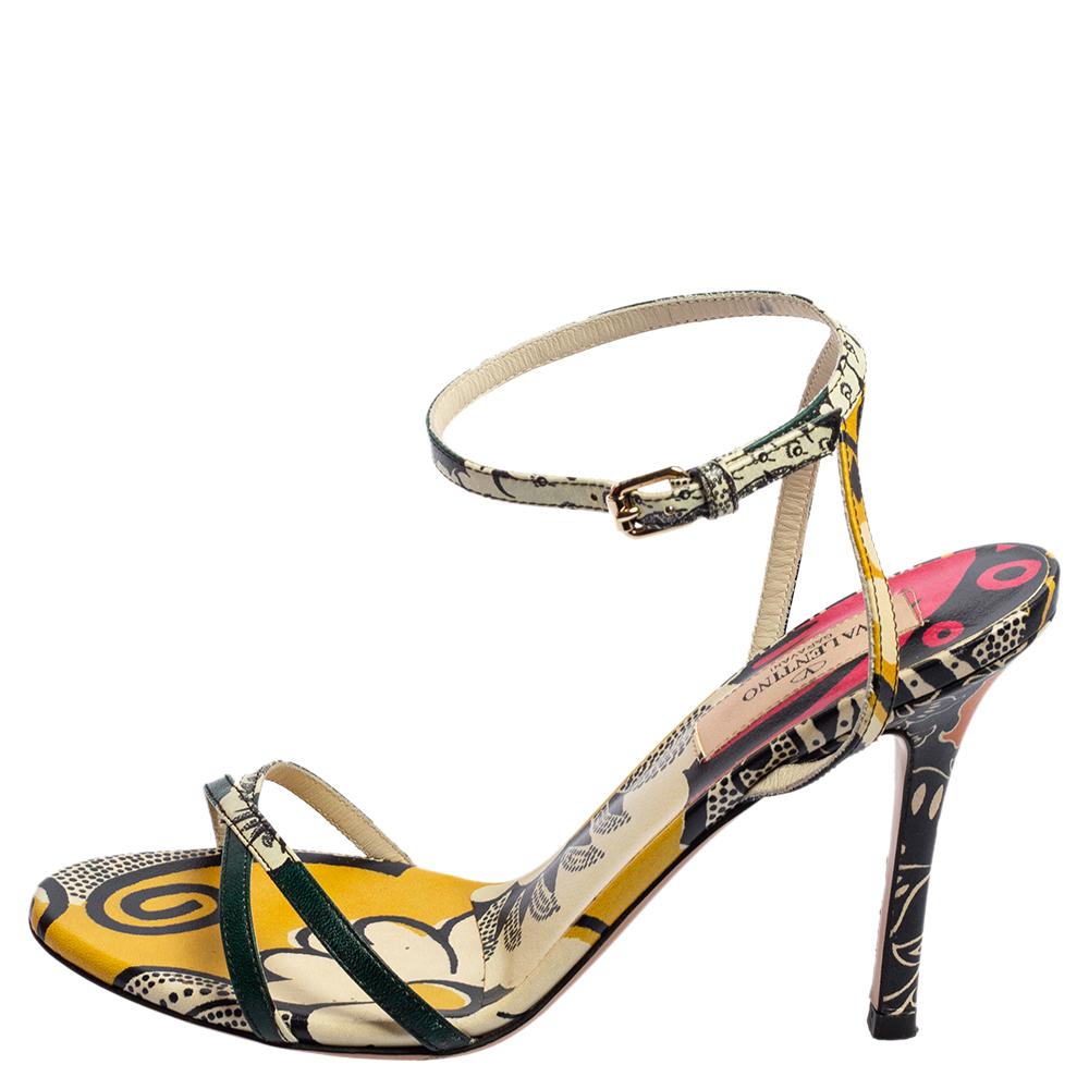 Valentino Multicolor Printed Leather Criss-Cross Ankle-Strap Sandals Size 36.5 For Sale 2