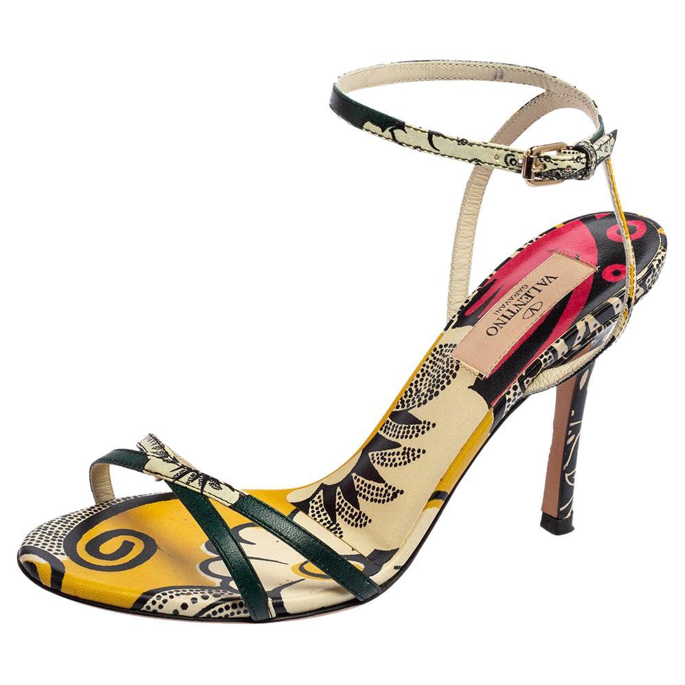 Valentino Multicolor Printed Leather Criss-Cross Ankle-Strap Sandals Size 36.5 For Sale
