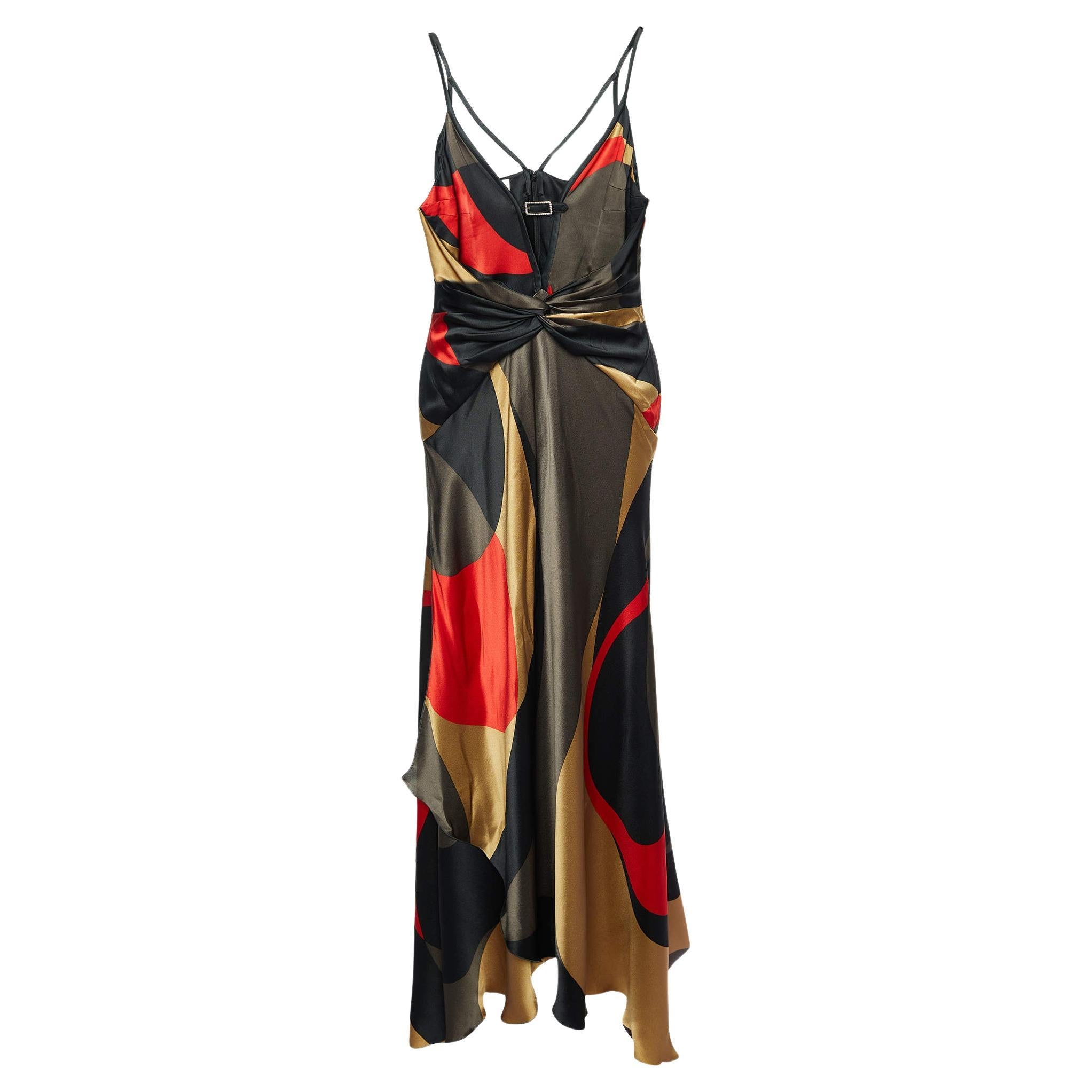 Valentino Multicolor printed Silk Satin Draped Gown L For Sale