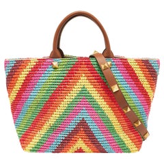 Valentino Multicolor Raffia and Leather Rockstud Summer Tote
