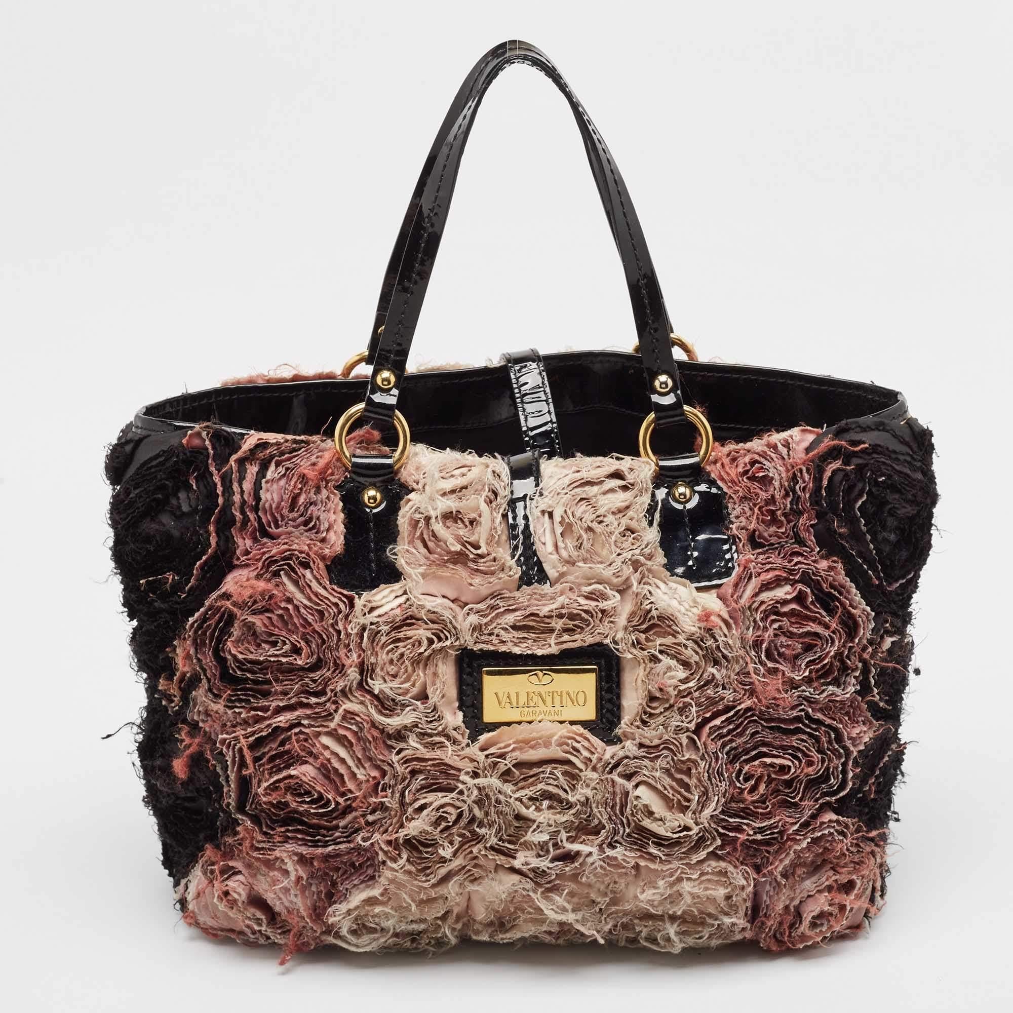 Valentino Multicolor Satin and Patent Leather Rosier Tote In Fair Condition In Dubai, Al Qouz 2