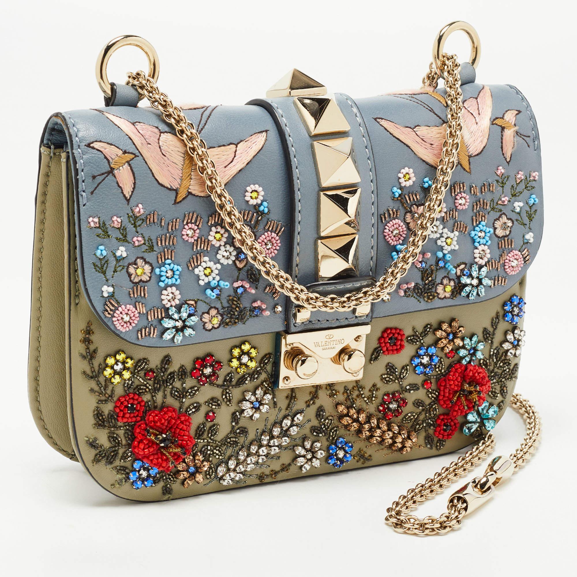 Women's Valentino Multicolor Small Floral Embellished Rockstud Glam Lock Flap Bag