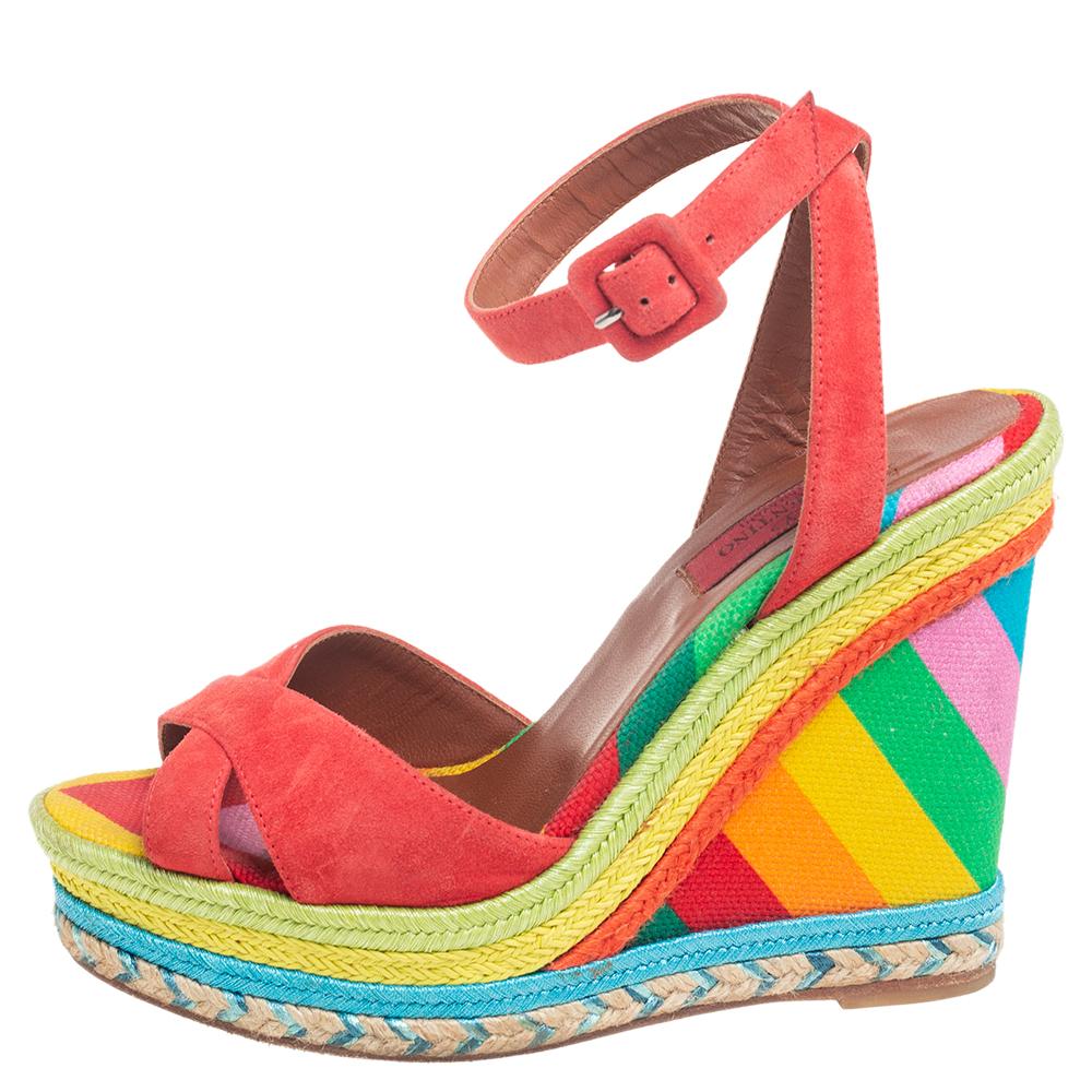 Women's Valentino Multicolor Suede Espadrille Wedge Ankle Strap Sandals Size 35.5