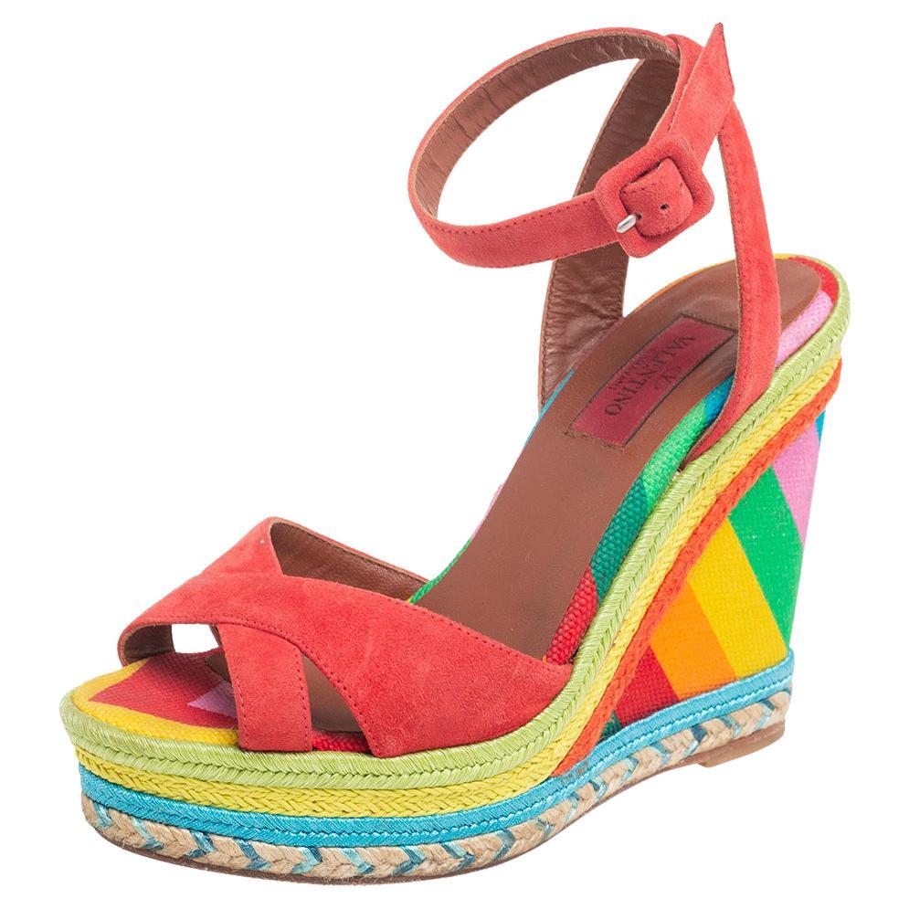 Valentino Multicolor Suede Espadrille Wedge Ankle Strap Sandals Size 35.5