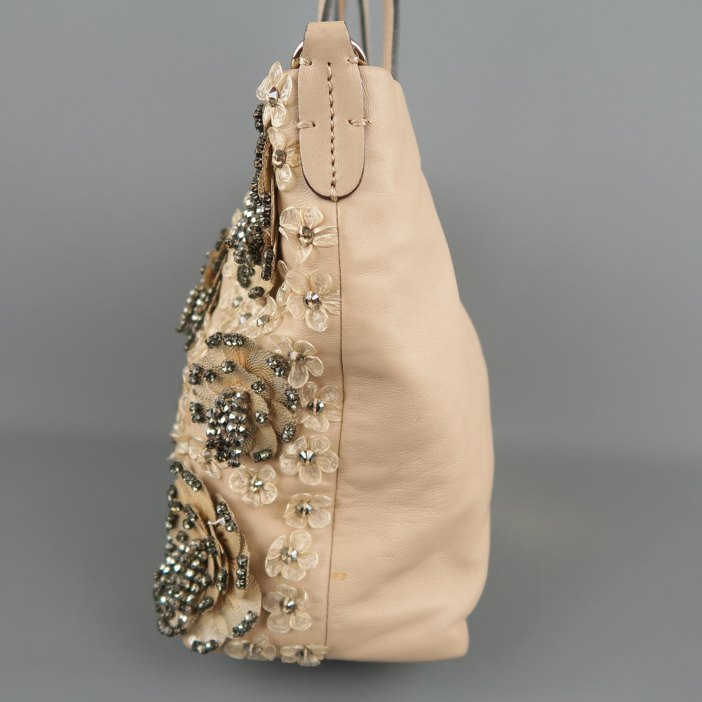 VALENTINO Muted Pink Leather Beaded Rhinestone Payette Flower Tote Bag 5