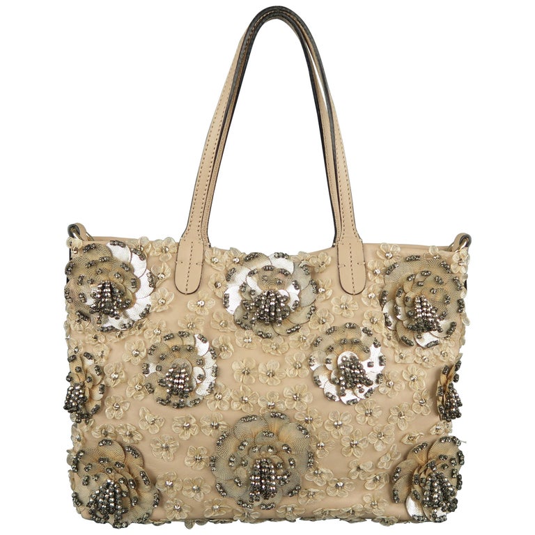 VALENTINO Muted Pink Leather Beaded Rhinestone Payette Flower Tote Bag ...