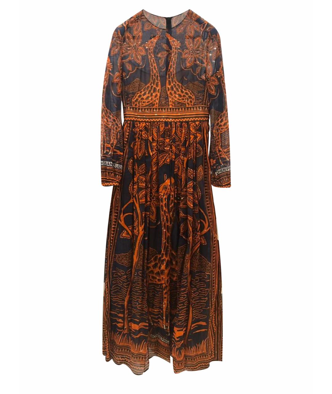 VALENTINO

Long sleeve cotton voile dress featuring giraffe pattern in tones of navy, orange, black, and white. 
Crewneck collar. Gathering and pleating at skirt.
 Seam pockets at waist. 
Vented cuffs with button fastening. 
Concealed zip closure at