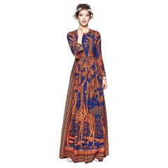 VALENTINO MAXI BOHO-KLEID IN Marineblau und ORANGE MIT GIRAFFE EU 42