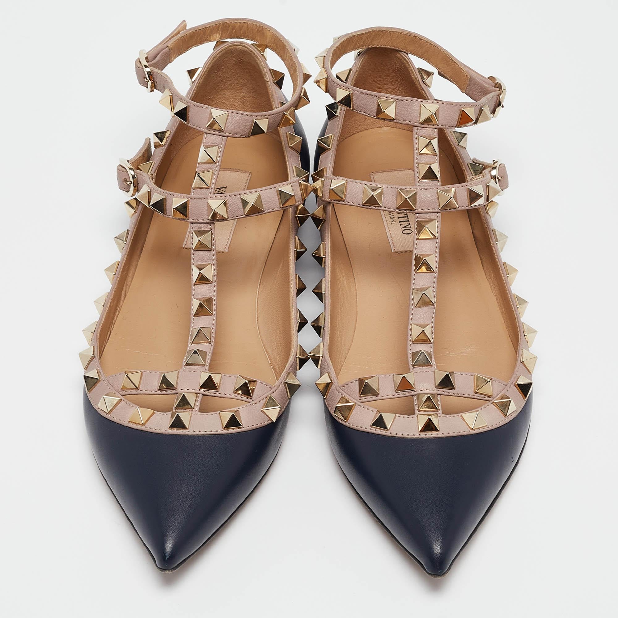 Black Valentino Navy Blue/Beige Leather Rockstud Caged Ballet Flats Size 36