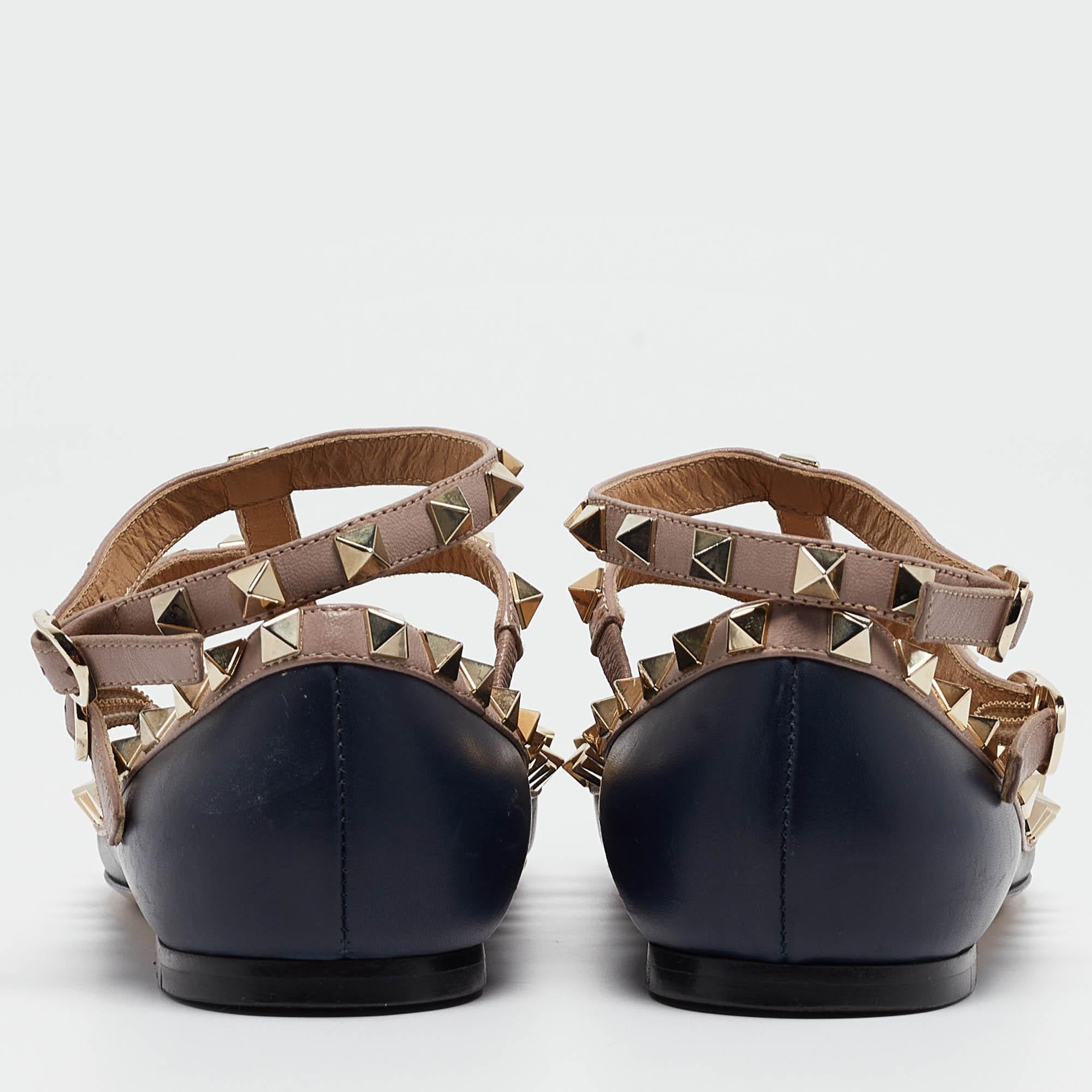 Women's Valentino Navy Blue/Beige Leather Rockstud Caged Ballet Flats Size 36