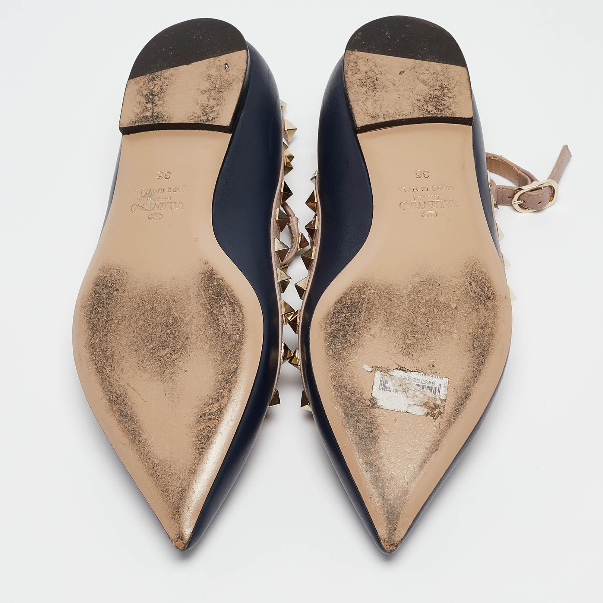 Valentino Navy Blue/Beige Leather Rockstud Caged Ballet Flats Size 36 1
