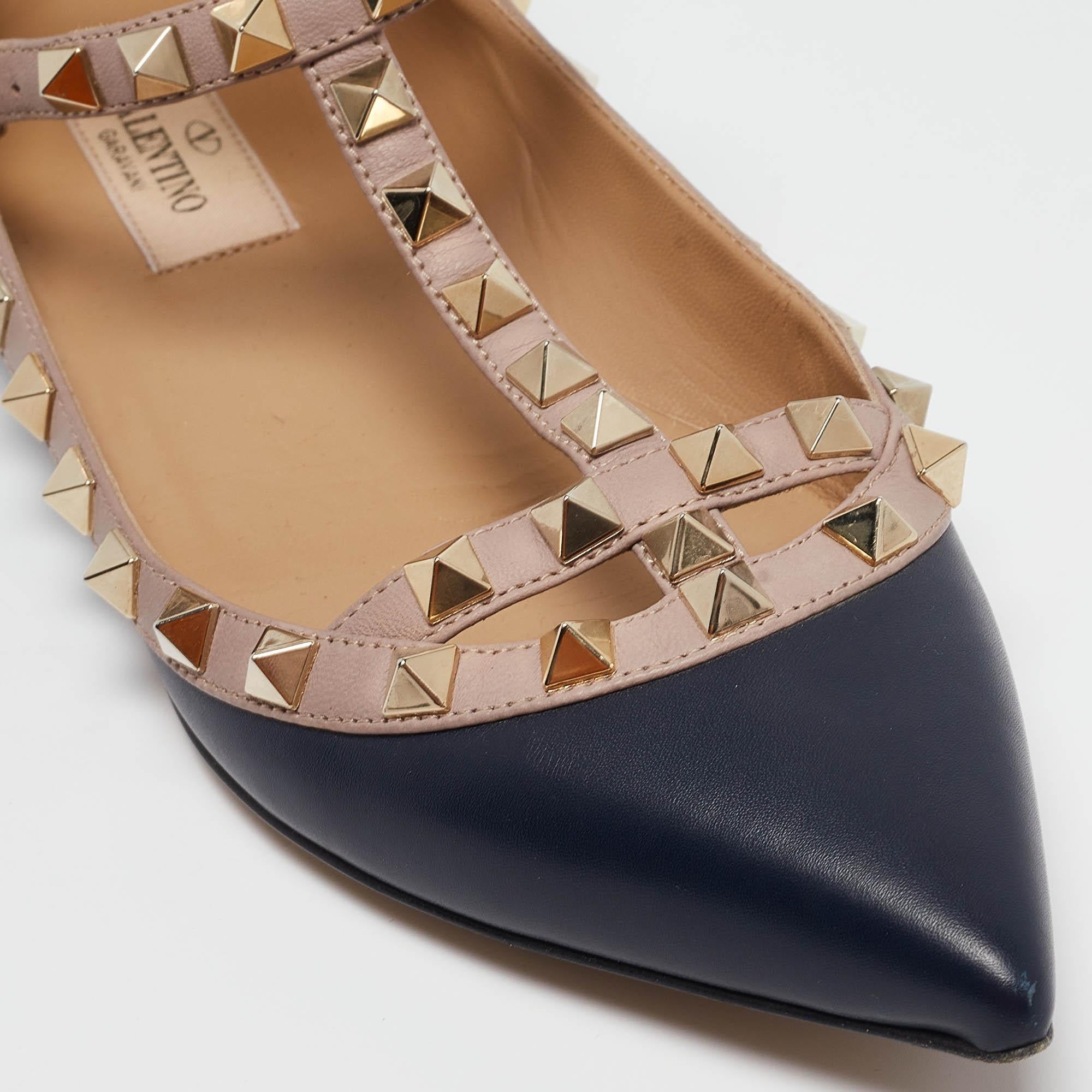 Valentino Navy Blue/Beige Leather Rockstud Caged Ballet Flats Size 36 2