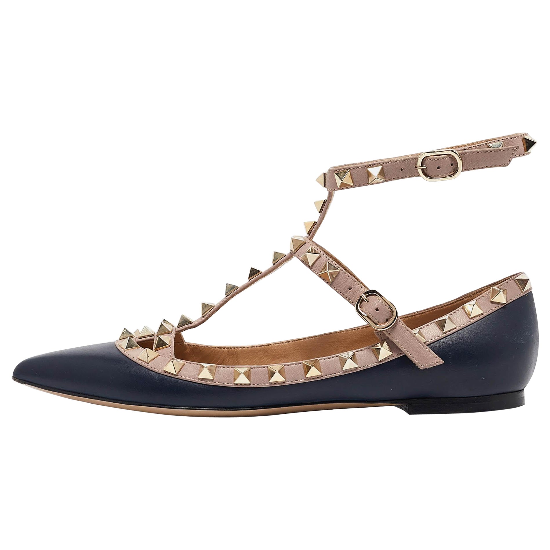 Valentino Navy Blue/Beige Leather Rockstud Caged Ballet Flats Size 36