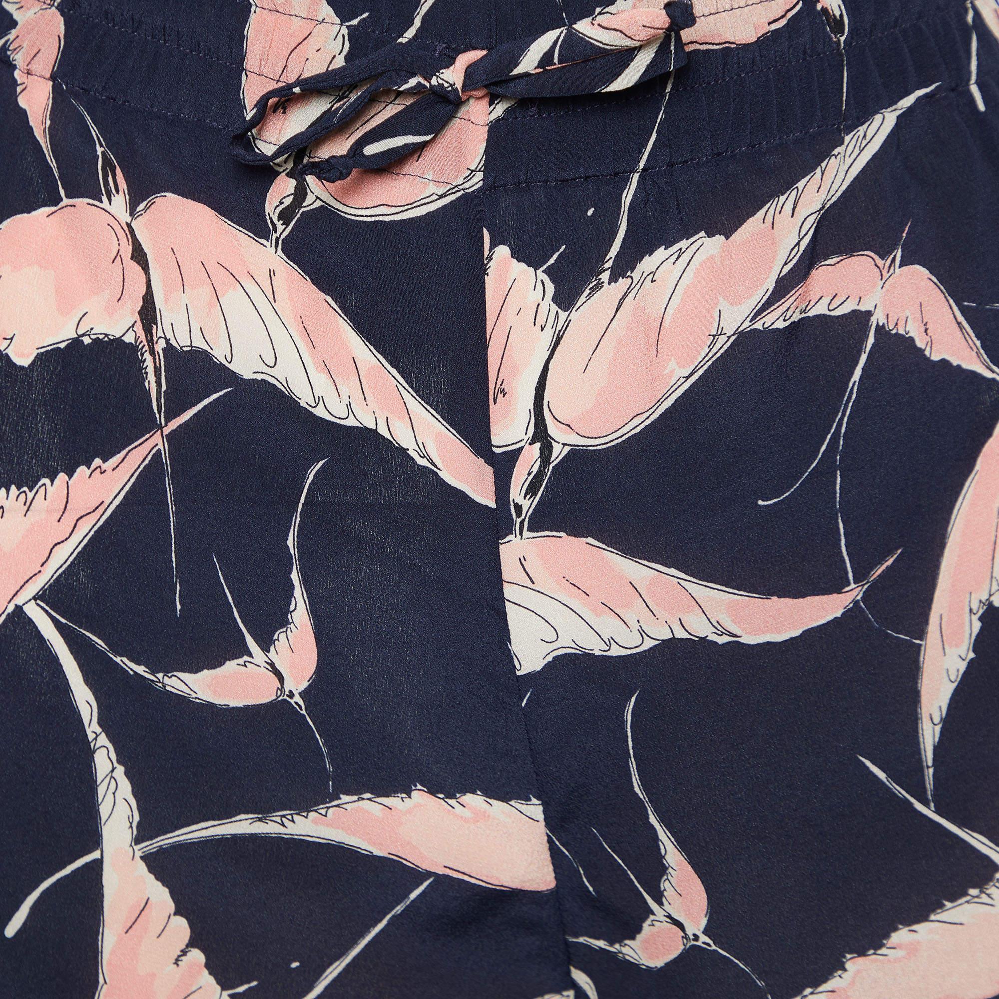 Black Valentino Navy Blue Bird Printed Silk Elasticized Shorts L For Sale
