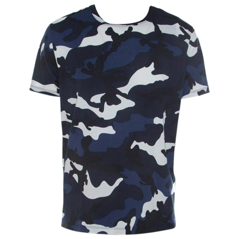 Valentino Navy Blue Camouflage Print Cotton Crew Neck T-Shirt L For Sale at  1stDibs