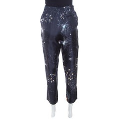 Valentino Navy Blue Cosmo Printed Silk Draw String Detail Pants S
