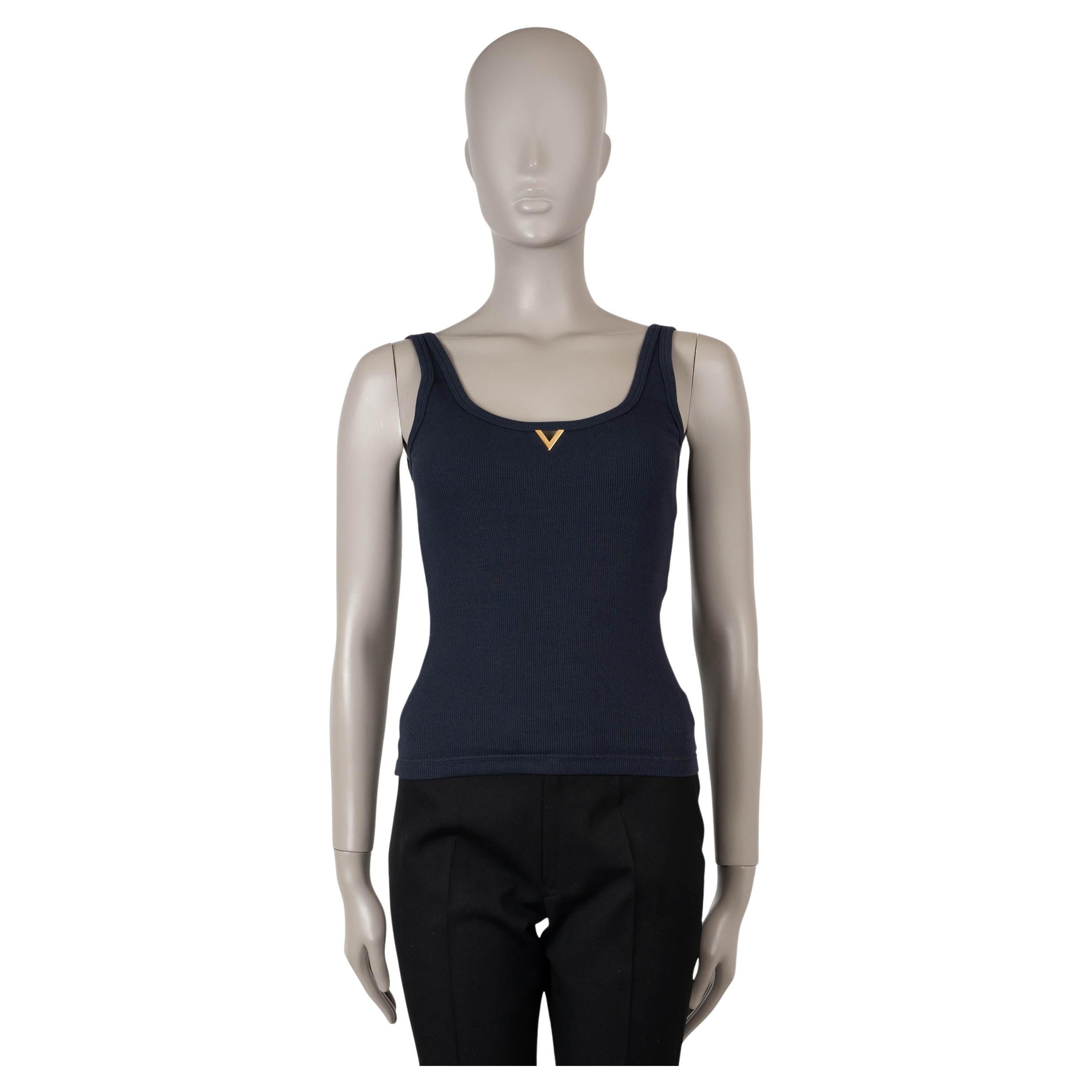 VALENTINO navy blue cotton 2024 VLOGO RIB-KNIT Tank Top Shirt S For Sale