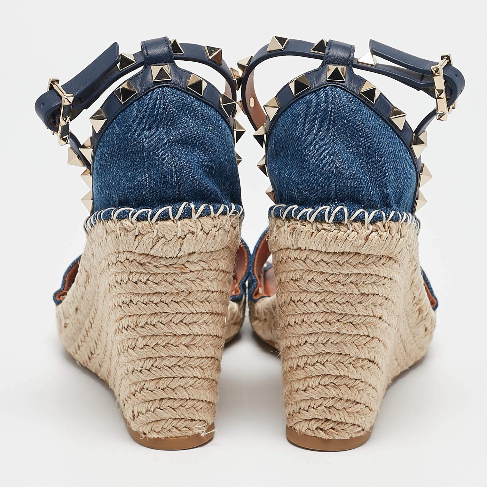 Women's Valentino Navy Blue Denim Rockstud Wedge Sandals Size 39