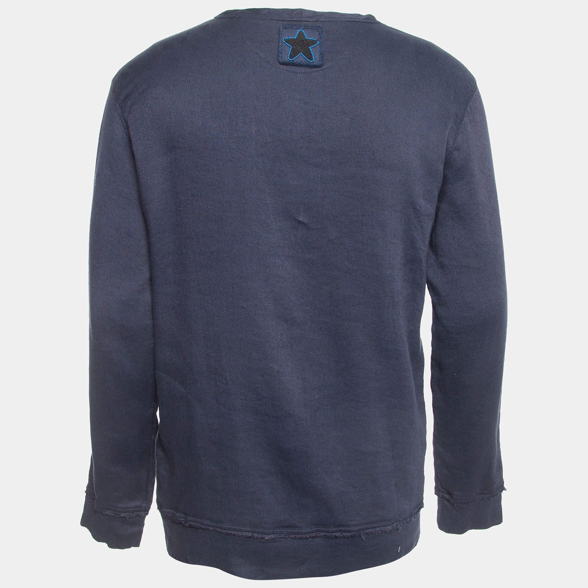 Men's Valentino Navy Blue Distressed Linen Blend Beaded Sweatshirt XS For Sale