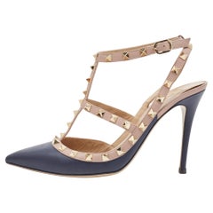 Valentino Navy Blue/Dusty Pink Leather Rockstud Ankle Strap Pumps Size 40
