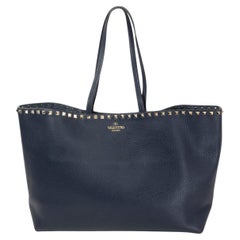 VALENTINO navy blue grainy leather ROCKSTUD Shopping Tote Bag