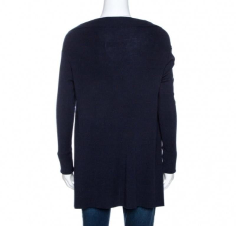 Valentino Marineblaue Strickjacke mit Spitzenbesatz und Wasserfallfront aus Strick M (Schwarz) im Angebot