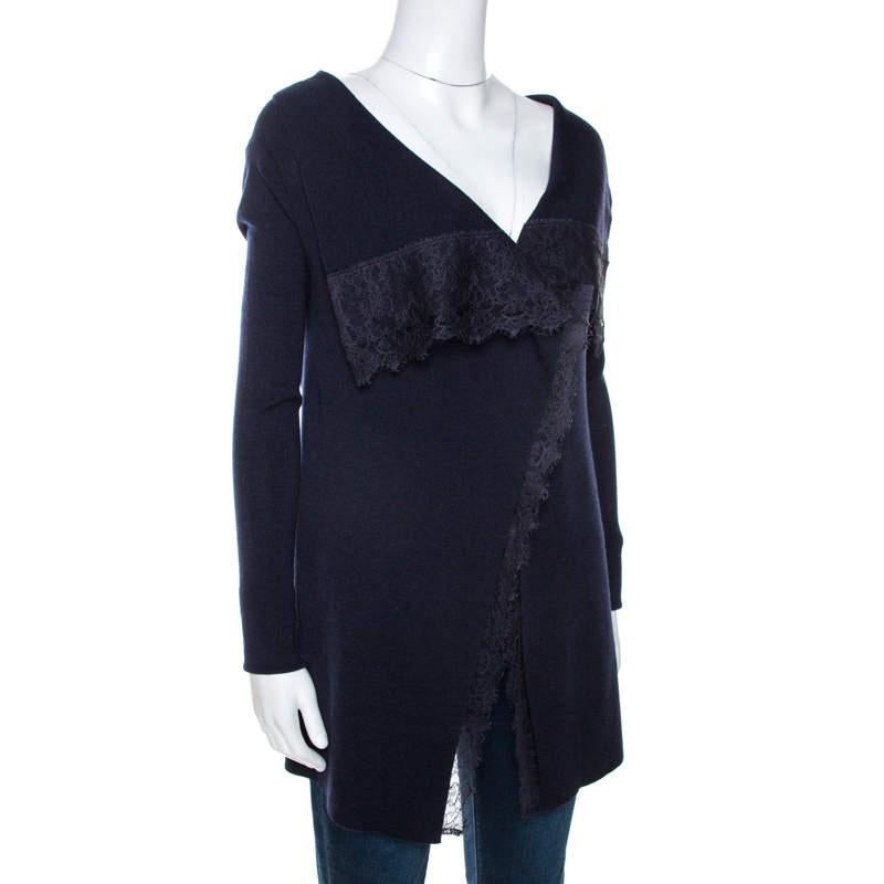 Valentino Navy Blue Knit Lace Trim Waterfall Front Cardigan M In Good Condition For Sale In Dubai, Al Qouz 2