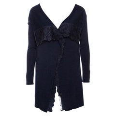 miu miu Valentino Navy Blue Knit Lace Trim Waterfall Front Cardigan M