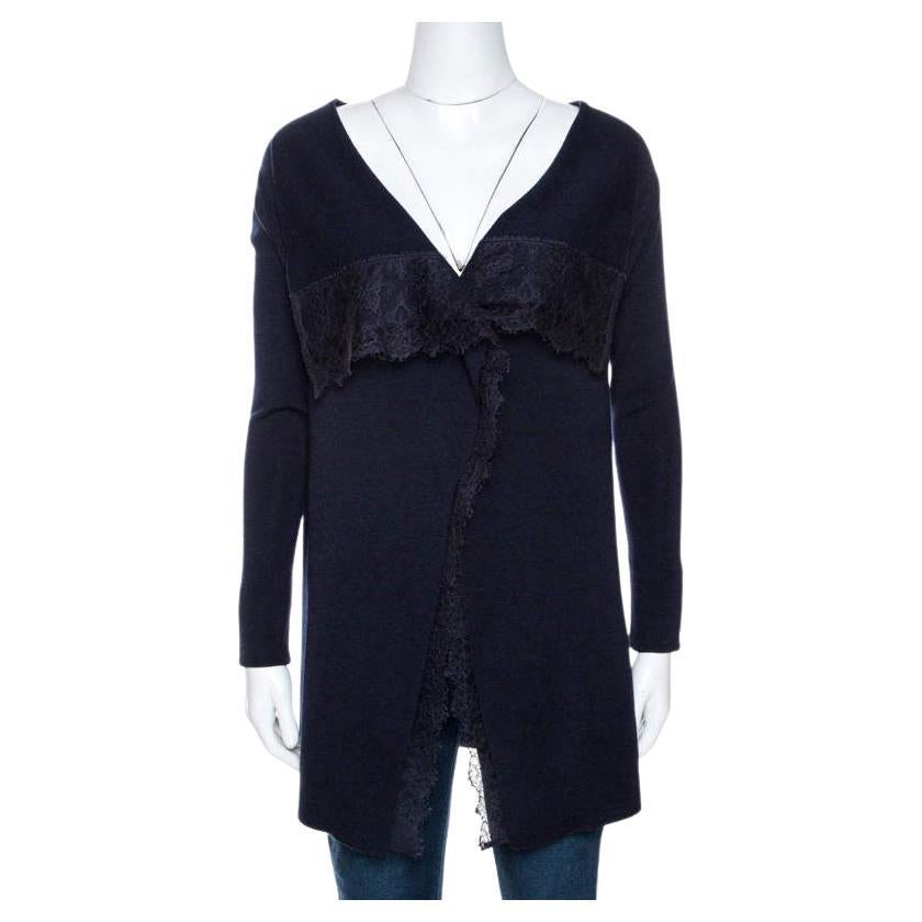 Valentino Navy Blue Knit Lace Trim Waterfall Front Cardigan M For Sale