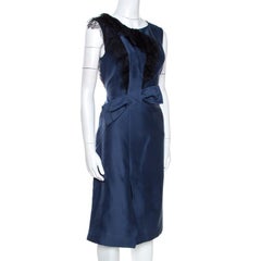 Valentino Navy Blue Lace Trim Ruffled Sheath Dress M