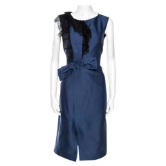 Valentino Navy Blue Lace Trim Ruffled Sheath Dress M