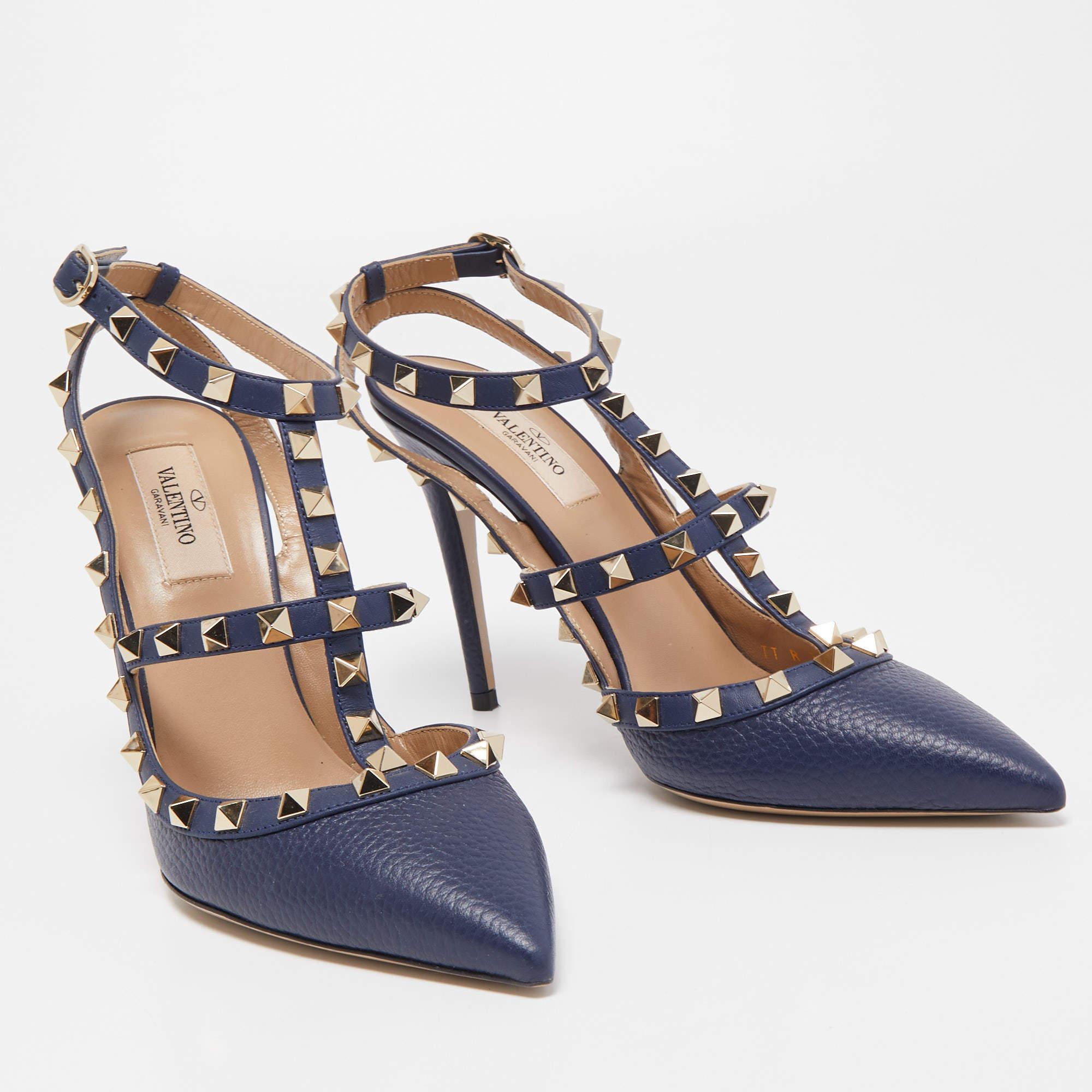 Women's Valentino Navy Blue Leather Rockstud Ankle Strap Pumps Size 39