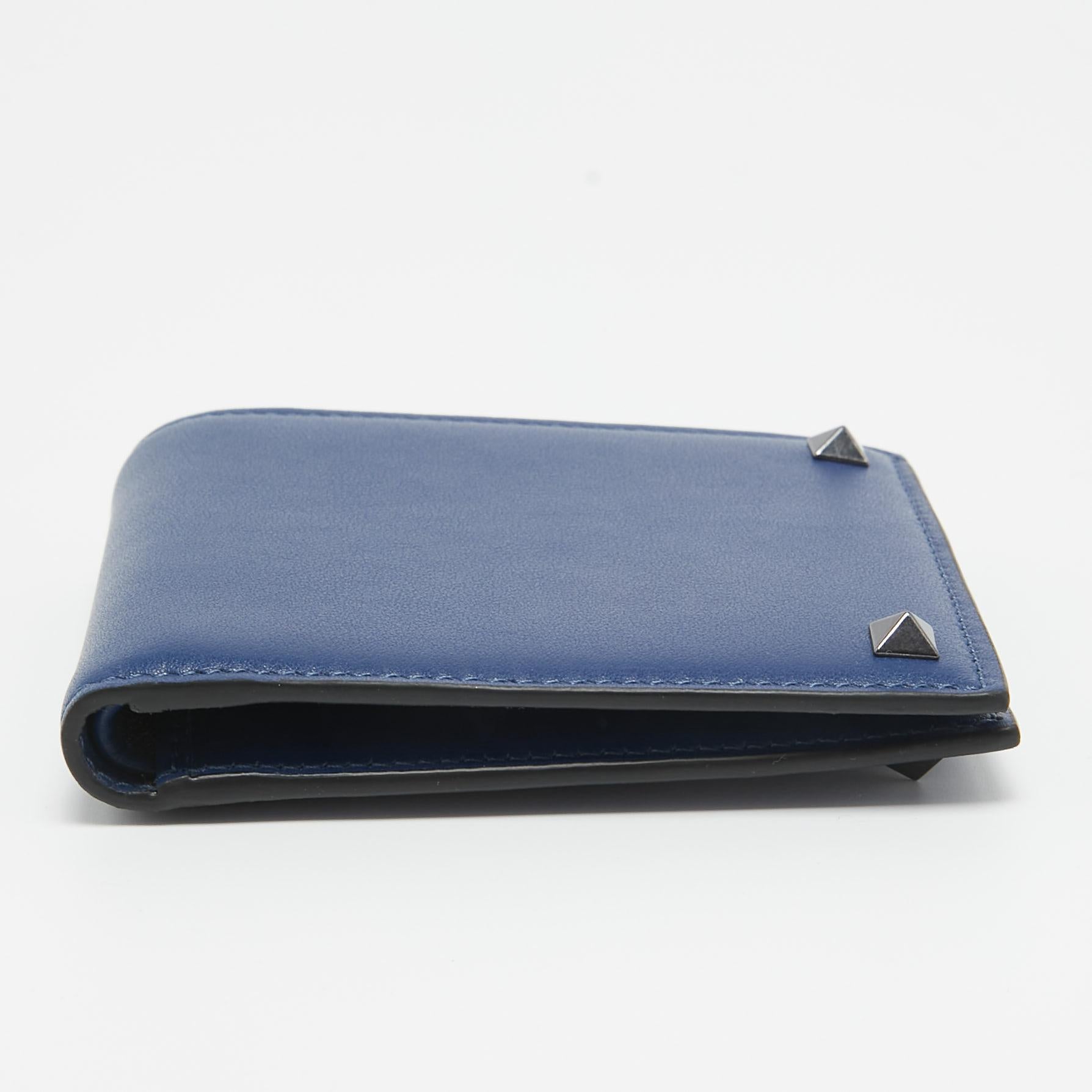 Valentino Navy Blue Leather Rockstud Bifold Wallet For Sale 1
