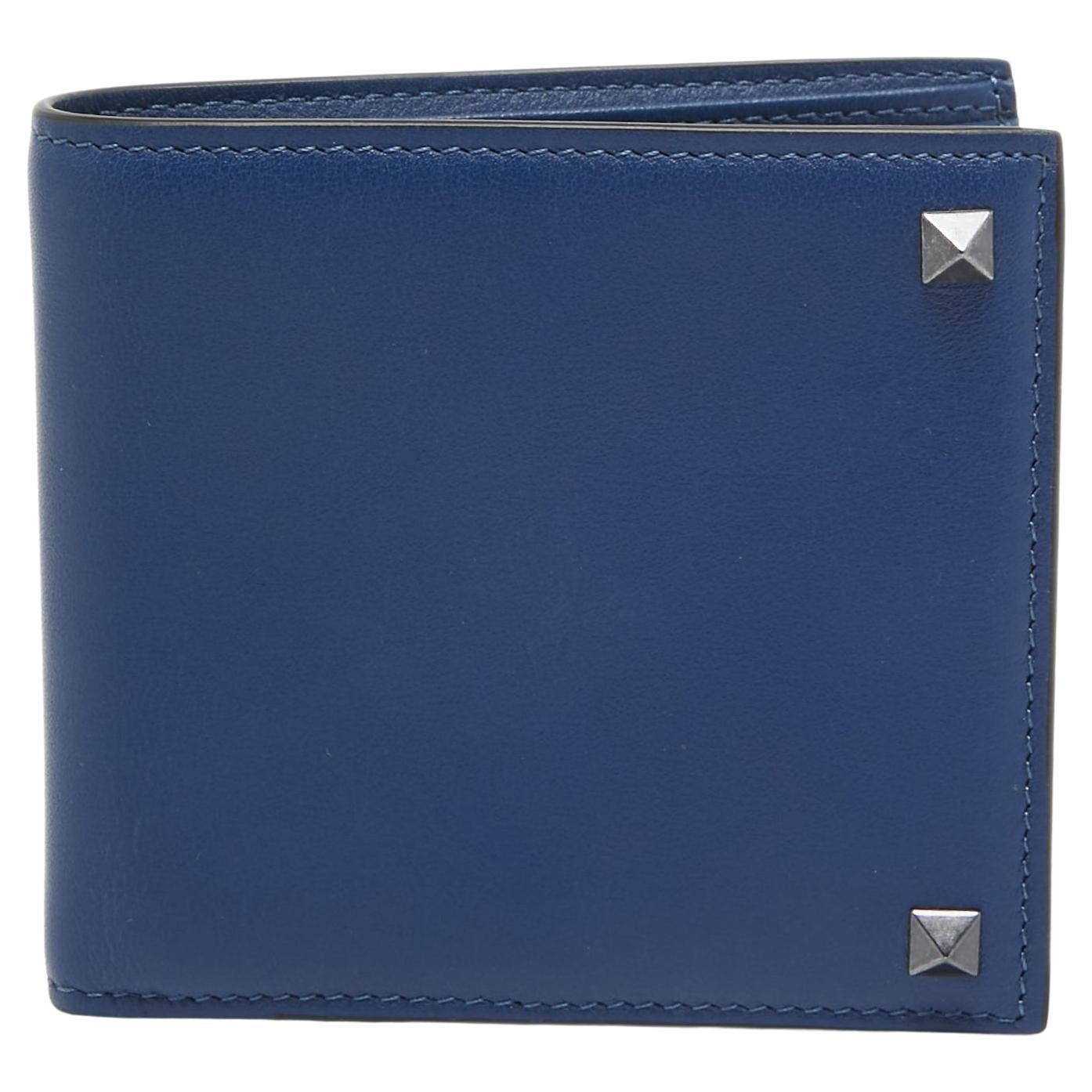 Valentino Navy Blue Leather Rockstud Bifold Wallet For Sale