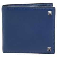 Used Valentino Navy Blue Leather Rockstud Bifold Wallet