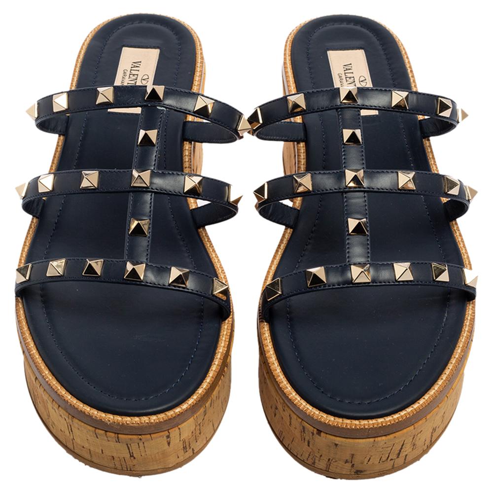 Black Valentino Navy Blue Leather Rockstud Cork Platform Slide Sandals Size 40