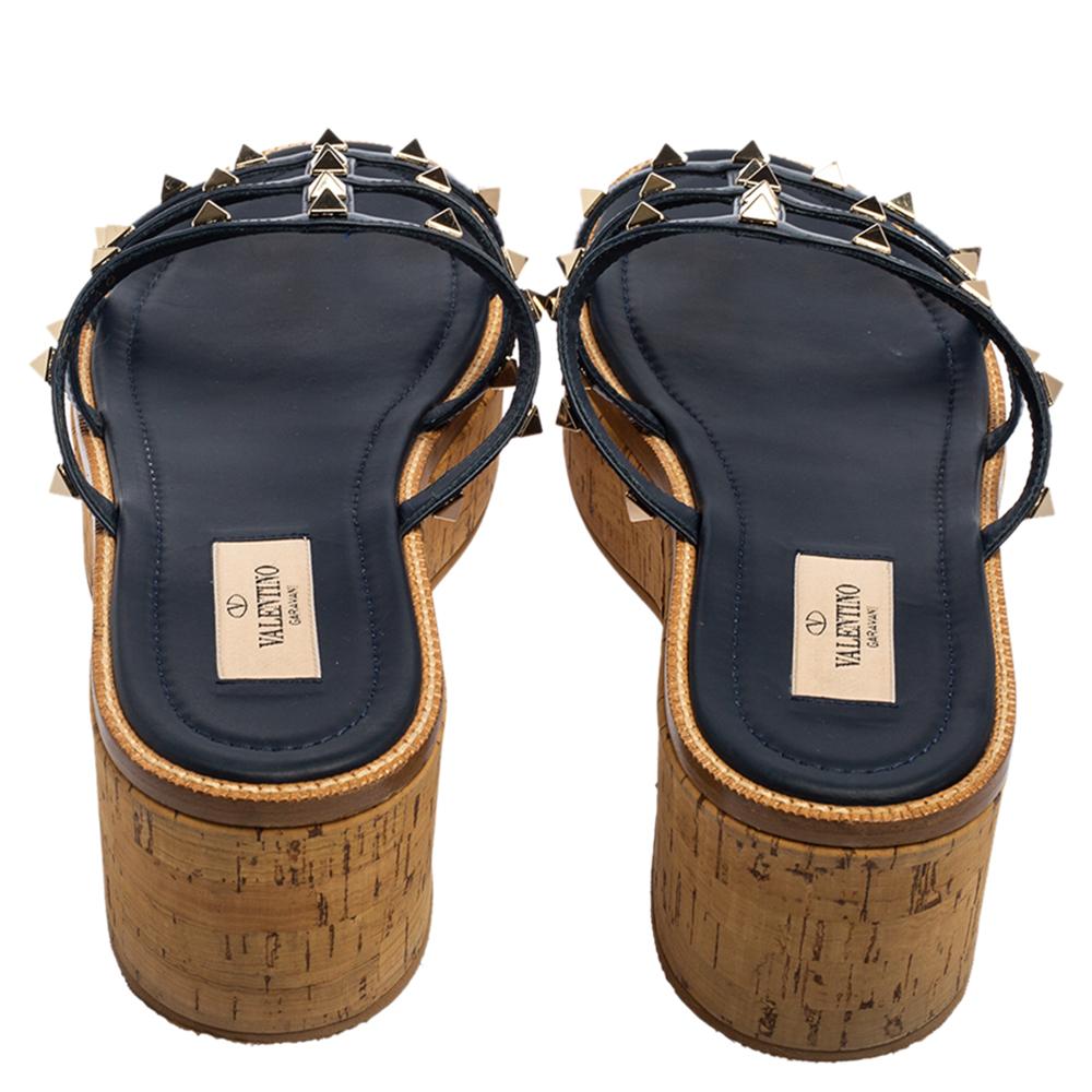 Valentino Navy Blue Leather Rockstud Cork Platform Slide Sandals Size 40 1