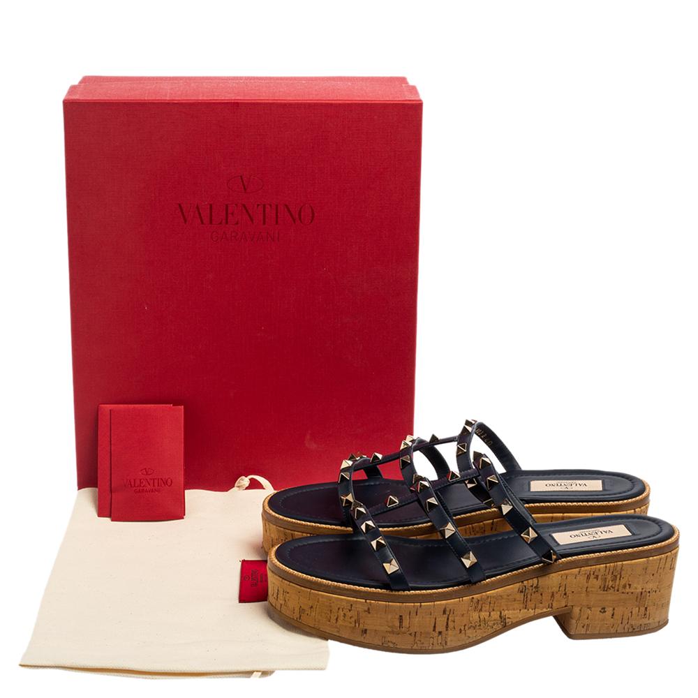 Valentino Navy Blue Leather Rockstud Cork Platform Slide Sandals Size 40 2