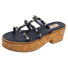 Valentino Navy Blue Leather Rockstud Cork Platform Slide Sandals Size 40