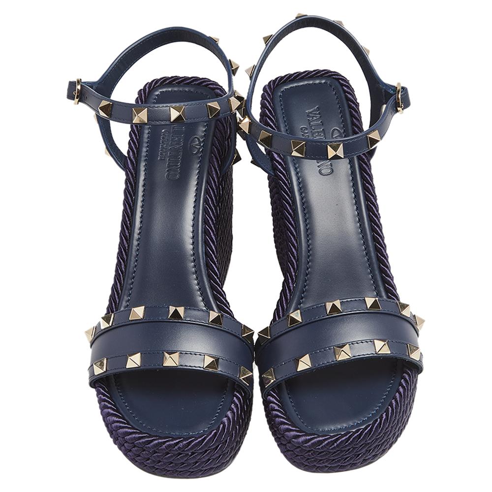 Black Valentino Navy Blue Leather Rockstud Torchon Platform Wedge Sandals 38