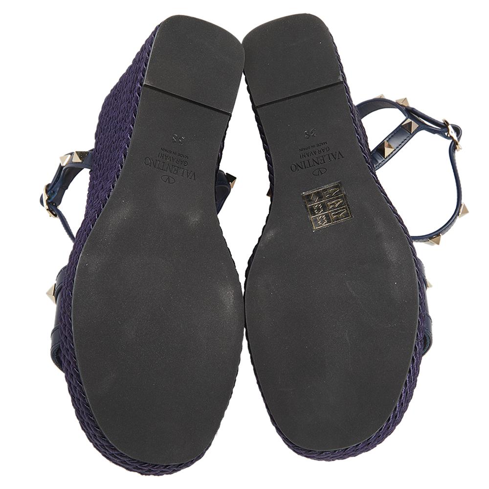 Valentino Navy Blue Leather Rockstud Torchon Platform Wedge Sandals 38 In New Condition In Dubai, Al Qouz 2