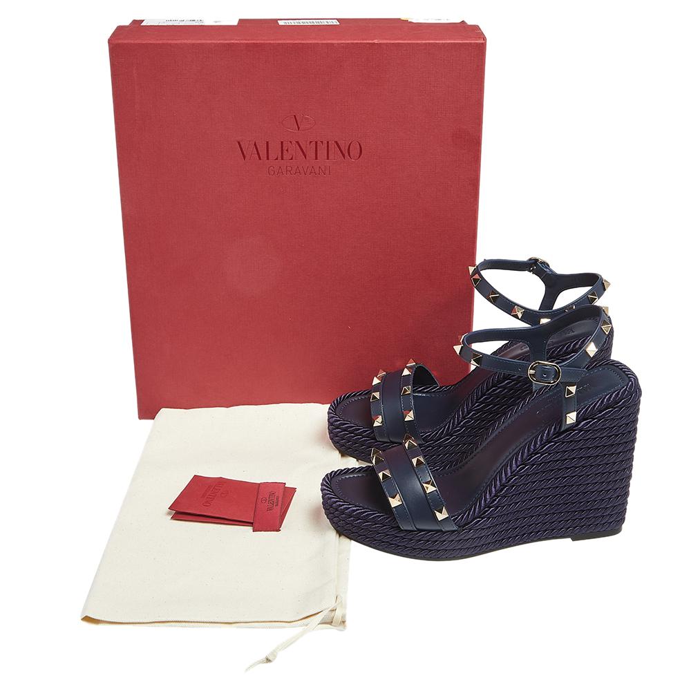 Women's Valentino Navy Blue Leather Rockstud Torchon Platform Wedge Sandals 38