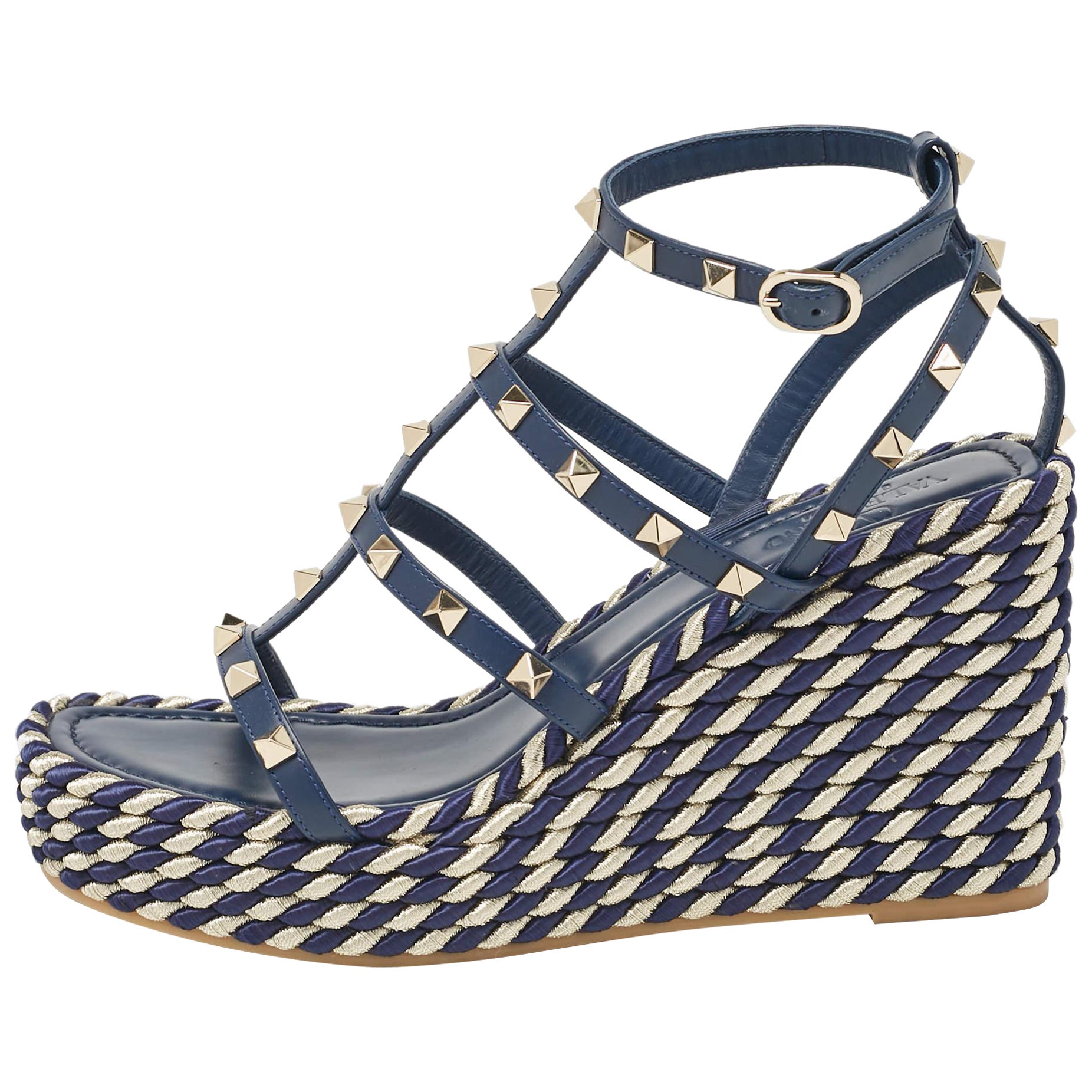 Valentino Navy Blue Leather Rockstud Wedge Sandals Size 39
