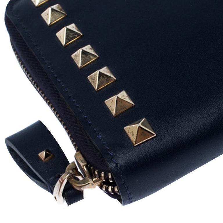 Valentino Navy Blue Leather Rockstud Zip Around Wallet For Sale at 1stDibs