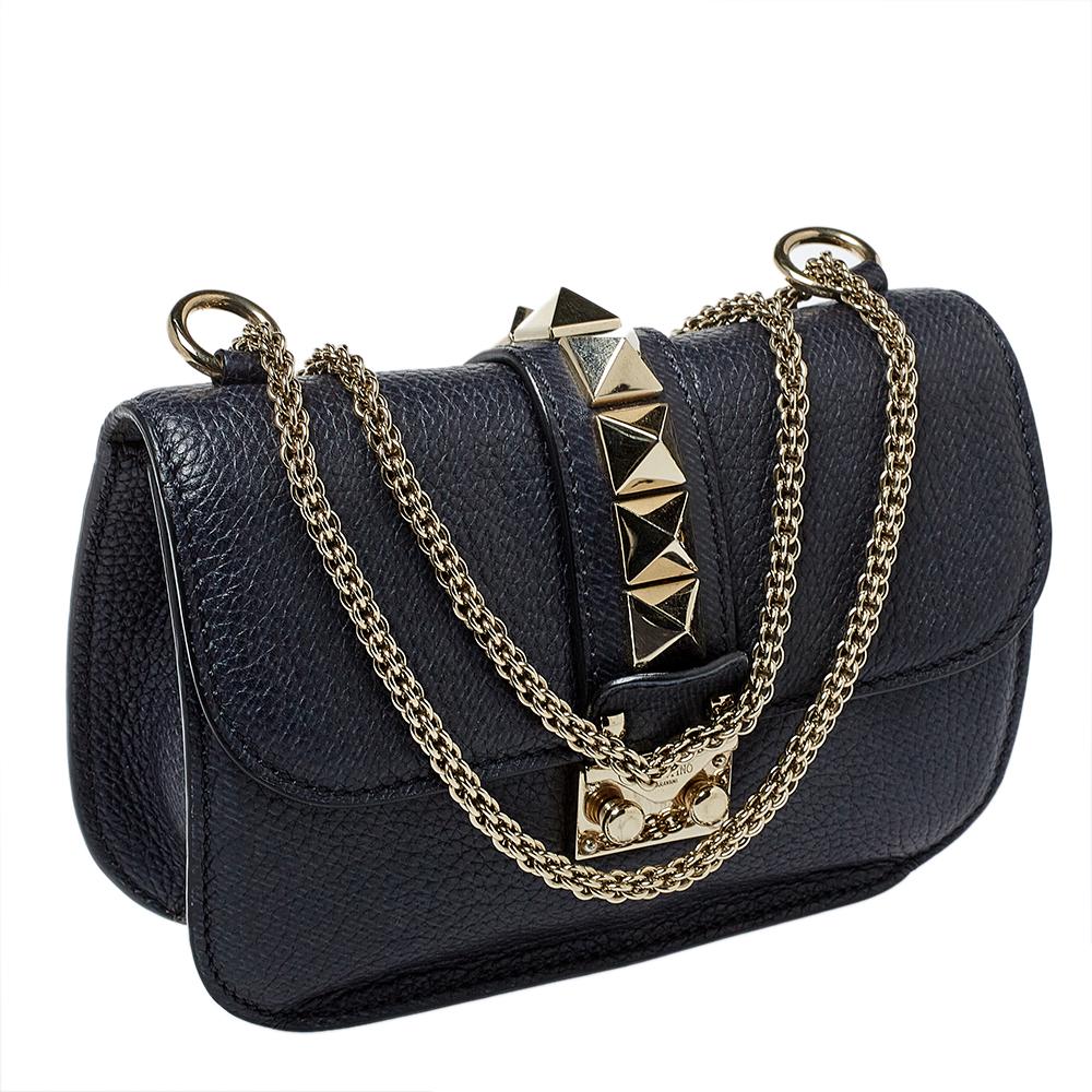 Valentino Navy Blue Leather Small Rockstud Glam Lock Flap Bag In Fair Condition In Dubai, Al Qouz 2