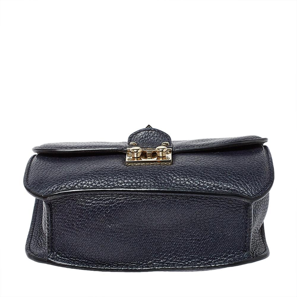 Women's Valentino Navy Blue Leather Small Rockstud Glam Lock Flap Bag