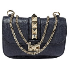 Valentino Navy Blue Leather Small Rockstud Glam Lock Flap Bag