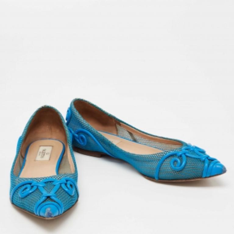 Valentino Navy Blue Mesh And Leather Ballet  Flats Size 38 In Fair Condition In Dubai, Al Qouz 2