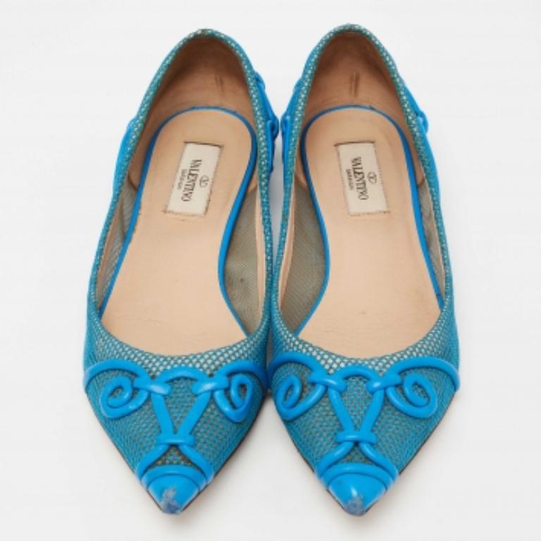 Women's Valentino Navy Blue Mesh And Leather Ballet  Flats Size 38
